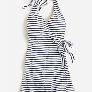 NWT J. Crew Navy and White Striped One-Piece Halter Swimsuit with Skirt Size 24